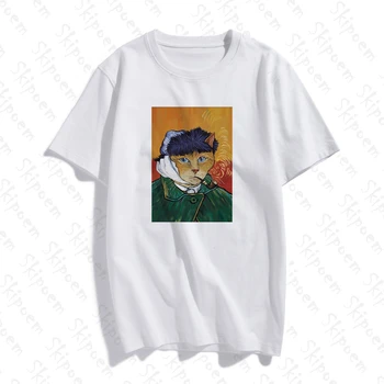 2020 Modna Ženska T-shirt Smešno Van Gogh Mačka po Meri Bombaž O Neck Majica s kratkimi rokavi Plus Velikost Kratkimi Rokavi blagovne Znamke Ženska T-Shirt Femme