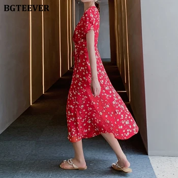 BGTEEVER Elegantno Kratek Rokav Cvjetnim Tiskanja Ženske obleke 2020 Poletje Proti-vrat Čipke-up Mid-dolžina Ženski A-line Obleko Vestidos Femme