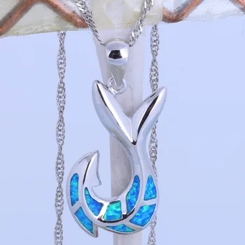 ROLILASON Modra Fishtail Preproste Zasnove, srebrna barva odtisnjena Opal Ogrlico, Obesek, Romantično Valentinovo Najboljše Darilo OP828