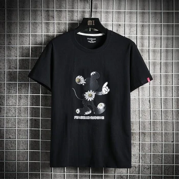 Strip Disney T-shirt Mickey Mouse Kratki rokavi T-shirt za Moške Poletne Obleke, O-Vratu Beli Vrhovi Moški Cvet Bombaža Tee Majica