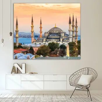 Tapiserija, Modra Mošeja Sultan Ahmet Mošejo v Istanbulu, Turčija Zgodovinski Spomenik Skyline ob sončnem zahodu Oranžna Modra Zelena