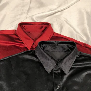 Žametne Rdeče Luksuznih Oblačil Za Moške Burgundija Velur Mens Srajce, Retro Elegantno Plišastih Črno Bluzo Mens Majice Nenavadne Osebe Klub
