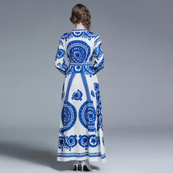 Design Dolgo Obleko 2019 Poletje Ženske Dolgimi Rokavi, V-Izrez Vzletno-Pristajalne Steze Obleko Pasu Dekoracijo Blue Print Maxi Obleko Vestidos
