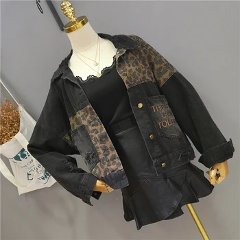 Jeseni Evropske Leopard Tiskanja Svoboden Plašč Ženski Vezenje Luknje Denim Jeans Jakna Ženske Obleke Gothic Jopiči Ulične Za