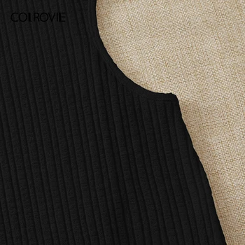 COLROVIE Black izrežemo Pasu Rebro-plesti Cami Bodycon Obleka Ženske Poletje Trdna Slim Fit Trdna Svinčnik Seksi Mini Obleke