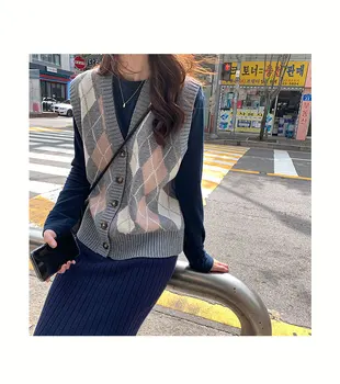 3 barve pomladi in jeseni korejski slog v vratu kariran eno zapenjanje gumbov, pletene telovnik brez rokavov puloverji ženska (X1092)