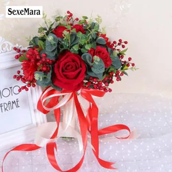 SexeMara Rdeča Poroko Družice holding cvet Romantični Poročni Šopek Cvet Nevesta Poročni Šopek de Mariage