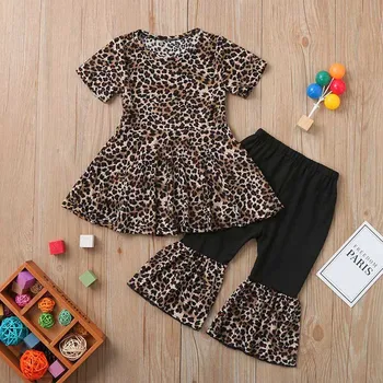 Baby Girl Obleke детская одежда Dveh Kosov Modnih Otroci Ruffle Ruched Risanka Črko T-shirt Leopard Tiskanja Hlače, Obleke Set