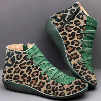 Vroče Prodaje Ženske Škornji Leopard Moda Pu Usnje Škorenj Ženski Čipke-up Zadrgo Krog Toe Čevlji Pomlad Jesen Čevlji