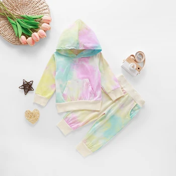 Todder Baby Tie Dye Tiskanja Kompleti Oblačil za Pomlad Jesen Long Sleeve Hooded Vrhovi+Dolge Hlače Otroci Priložnostne Trenirke 2pcs Obleke