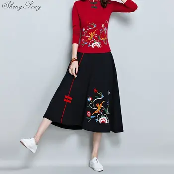 Kitajske Tradicionalne Ženske Mozaik A-line Krilo Letnik Izboljšano Cvet Ena Velikost Krilo Udobno Novo Lady Bombažno Krilo Q673