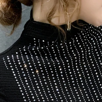 Črna Tshirt 2021 Pol Turtleneck Diamanti Priložnostne T-shirt zgornji deli oblačil Za Ženske, Dekleta Slim Stegnjenje Dolg Rokav T0D504A