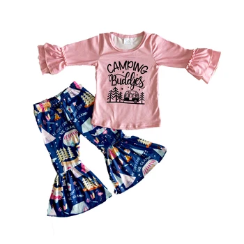 Vroče Prodajo Otrok Pade Ruffles Načrt Obleko Dekle Z Dolgimi Rokavi Top In Tiskanje Bell Hlače Nastavite Malčka, Moda OUtifts