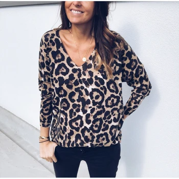 Nove Ženske Leopard Tiskanja V Vratu Dame T-Majice Dolg Rokav Svoboden T Shirt Osnovne Vrh