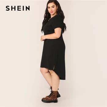 SHEIN Plus Velikost Black Split Visoko-Nizko Robom Trdna Tunika Obleka 2019 Ženske Poletje Priložnostne Split Shift Osnove Naravnost Plus Obleke