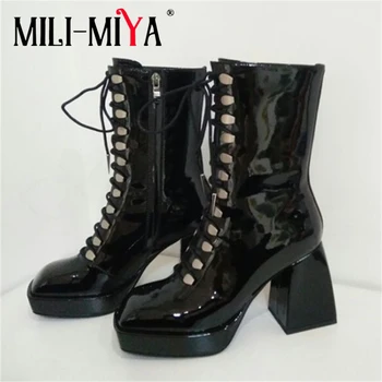 MILI-MIYA Plus Velikost 34-43 Ženske Kravje Usnje Škornji Barva Platformo Kvadratni Toe Čipke-Up Zadrgo Fashion Design Za Ženske