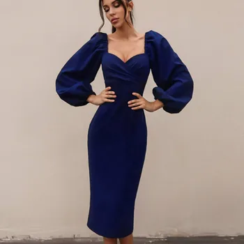 Ženske Jeseni Long Sleeve Vintage Obleko 2020 Modne Gospe Priložnostne Ulica OL Stranka Puff Rokav Obleka
