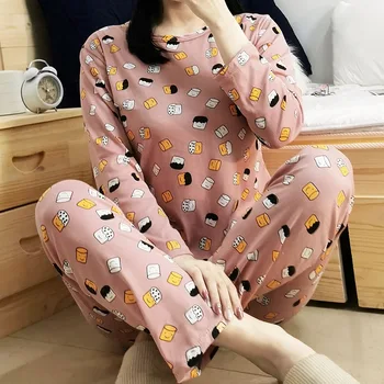 2020 Jeseni Rumeno Risanke Mačka Pižamo Set za Ženske Hlače Priložnostne Sleepwear Kawaii Pijamas Dolg Rokav Topla Ženska, Homewear