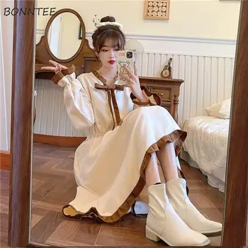 Dolg Rokav Obleka Ženske Sladko Lok Visoko Pasu Mozaik Ruched A-line Mid-tele korejskem Slogu College Jeseni Nova Elegantna Moda za Dekleta