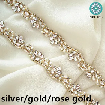 (1 YARD) Ročno izdelan poročni beaded crystal pearl nosorogovo applique trim srebrna zlata šivanje, iz železa na za poročne obleke WDD0405
