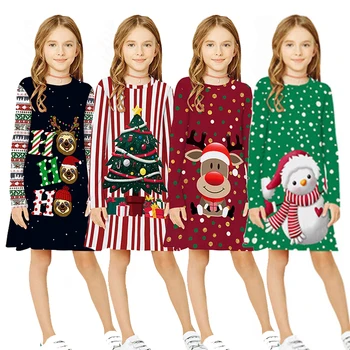 Božič Obleko za Deklice, Otroci Obleko Božič Oblačila Novo Leto Stranka Obleke Teen Girl Dolg Rokav Santa Tiskanja Obleko Oblačila