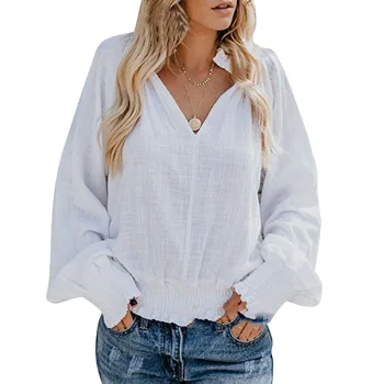 Nova Modna Ženska T-Shirt Globoko V Vratu Dolgo Bell Sleeve Solid Srajce Svoboden Priložnostne Vrhovi Poleras Mujer De Moda 2019