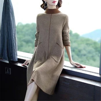 Ženske Obleka za Jesen Zimo Visoko vratu Pleteni Pulover puloverju korejski Mid-Dolgo Ohlapno Elegantno Predalčni Obleke Zunanjo Rabo W58