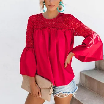 Ženske Jeseni T-Majice za Ulične Mozaik Modela Čipke Dekor Votlih Iz O-Vrat Flare Sleeve Solid Color Slim Stranka Vrh 2021