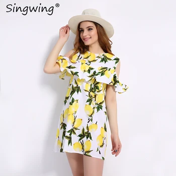 Singwing Moda za Ženske Off ramenski Limone Tiskanja Obleko Nad Kolena Mini-O-vratu Obleko Poletje Ženske Obleke
