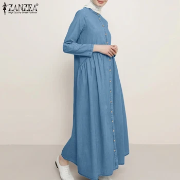 Moda za Ženske Muslimansko Obleko, Hidžab Jeseni Denim Blue Maxi Dolgo Sundress ZANZEA Letnik Dolg Rokav Dubaj Abaya Turčija Obleke 5XL