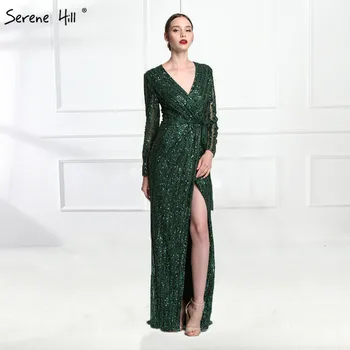 Moda Proti-Vrat Spalna Slog Sivo Zelena Večerne Obleke 2020 Beading Diamond Dolge Rokave Večer Stranka LA6004