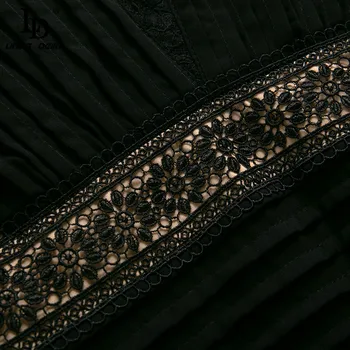 LD LINDA DELLA Modni Oblikovalec Jeseni Elegantne Črne Obleke, Ženske Proti-vrat Luksuzni Čipke Mozaik Vezenje Vintage Obleko Midi