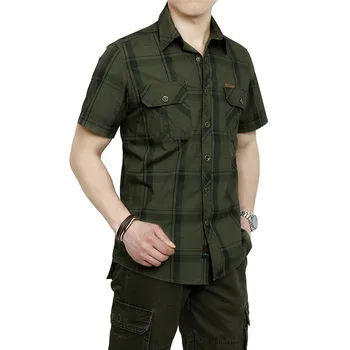 Poletne Moške Kratke Rokave Kariran Majica Svoboden Priložnostne Bombaž Dihanje Moški Vojaškega Tovora Majica Delo Camisa Masculina Plus Velikost