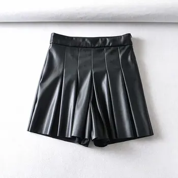 ženske ruffles pu usnje krilo, hlače črne nov prihod žepi ženski visoko pasu gospe priložnostne hlače visoko pasu mini seksi 2021