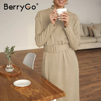 BerryGo Naravnost ženske trdna toplo obleko Pletene dolg rokav midi obleko jeseni Elegantna ulične trdna pasu dame delo obleko 2020