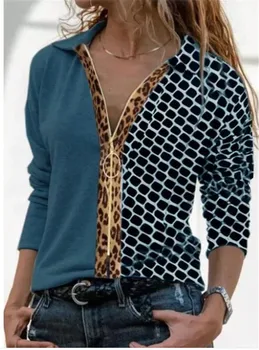 Leopard Vzorcem Mozaik Ženske Bluzo Pomlad Moda Zadrgo Proti-Vrat Majice z Dolgimi Rokavi OL Urad Dama Ulične Ženski zgornji deli oblačil Blusa
