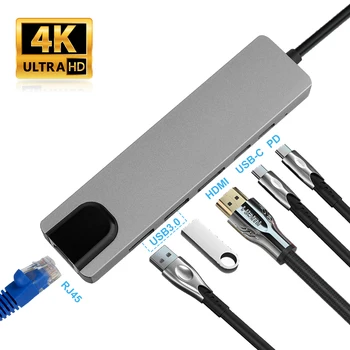 Multi 6 v 1 USB Tip C Hub Hdmi 4K USB C Hub, da Gigabit Ethernet Rj45 Lan vmesnik za Macbook Pro Strele 3 USB-C Polnilnik