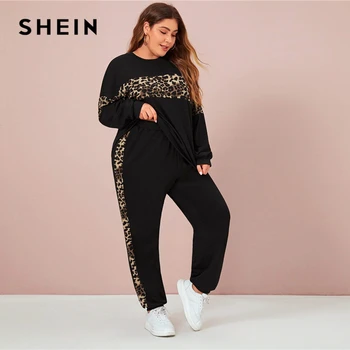 SHEIN Plus Velikost Črno-Leopard Panel Majica in Tekačem Nastavite Ženske Jeseni Priložnostne Športne Colorblock Dva Kosa Določa