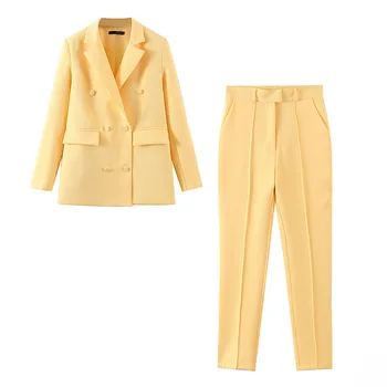 Ženske obleko rumen jopič bo ustrezala 2 delni set ženska elegantna jakna ženske 2020 novo visoko pasu zavesa naravnost svoboden široko noge hlače