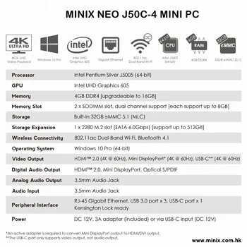MINIX MINI PC NEO J50C-4 Uradni WINDOWS 10 PRO SERIES Intel Pentium Srebro J5005 DDR4 4GB/64GB Vesa Mount MINI PC