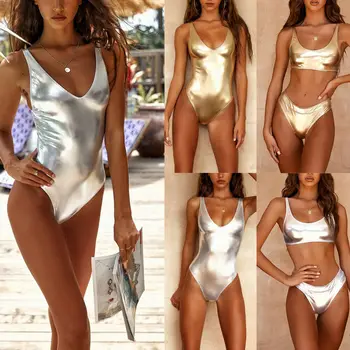 Ženske Zlati Bikini Komplet kopalke Srebrnimi Bleščicami Push-up Podložen Modrček, Kopalke Ženske Kopalke Plažo kopalke enodelne