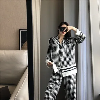 Houndstooth Domov Oblačila za Ženske Toplo Pižamo za Ženske Pomlad Pižame Ženske Modni Pijama Nastavite Pigiami Donna Sleepwear Set