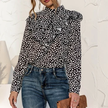 Poletje Letnik Šifon Ruffles Print majica vrhovi za žensko bluzo 2021 Pomladni Vintage dolgo sleeved priložnostne šifon majica bluzo