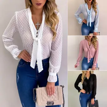 Šifon Bluze za Ženske 2019 Jeseni Mode Dolgimi Rokavi, V-izrez belo Srajco Urad Bluzo Slim Priložnostne Vrhovi Ženska Plus Velikost vroče