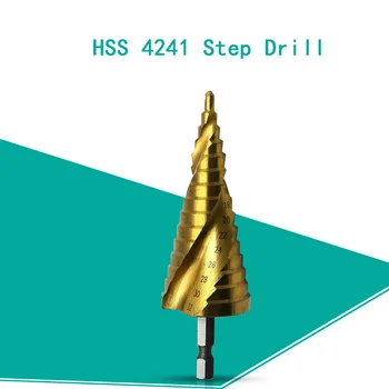 HSS 4241 Lestev Vaja 4-32mm Spirala Groove Korak Cone Drill Bit Titanom Prevlečeni Hex Kolenom Luknjo Rezalnik Lestev Sveder
