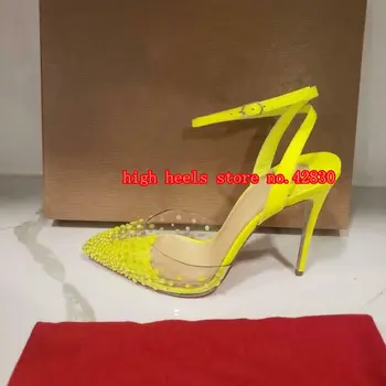 2020 kov nov slog neon rumena jasno, kristalno slingback pointy toe visokih petah stiletto čevlji, sandali 12 cm 10 cm