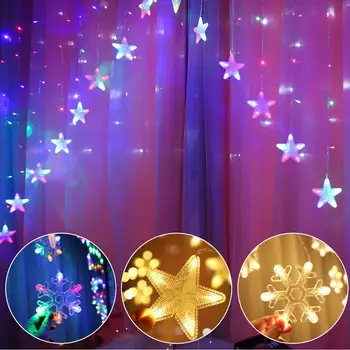 Božič Snežinka Elk Luna Star LED Luči, Zavese Garland Božični Okraski Novo Leto Počitnice Razsvetljavo Poroka Stranka Dekor