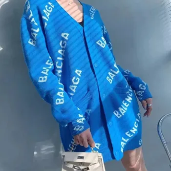 Cardigan Pulover Ženska 2020 Pomlad Jesen Fashion Pletene Pismo Jacquardske Temperament Proti-Vrat Dolgo Pletenje Pulover Ženski Plašč