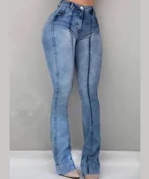 Vintage Oprati Traper Jeans Za Ženske Stretch Maslo Dviganje Širok Noge Jean Visoko Pasu Hlače