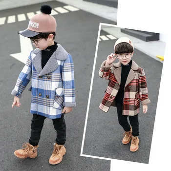 Otroško Oblačila 2020 Nove Zimske Korejski Fantje Modni Veliki Kariran Dvojno Zapenjanje River Coat Plus Velet Vrhnja Oblačila Otrok